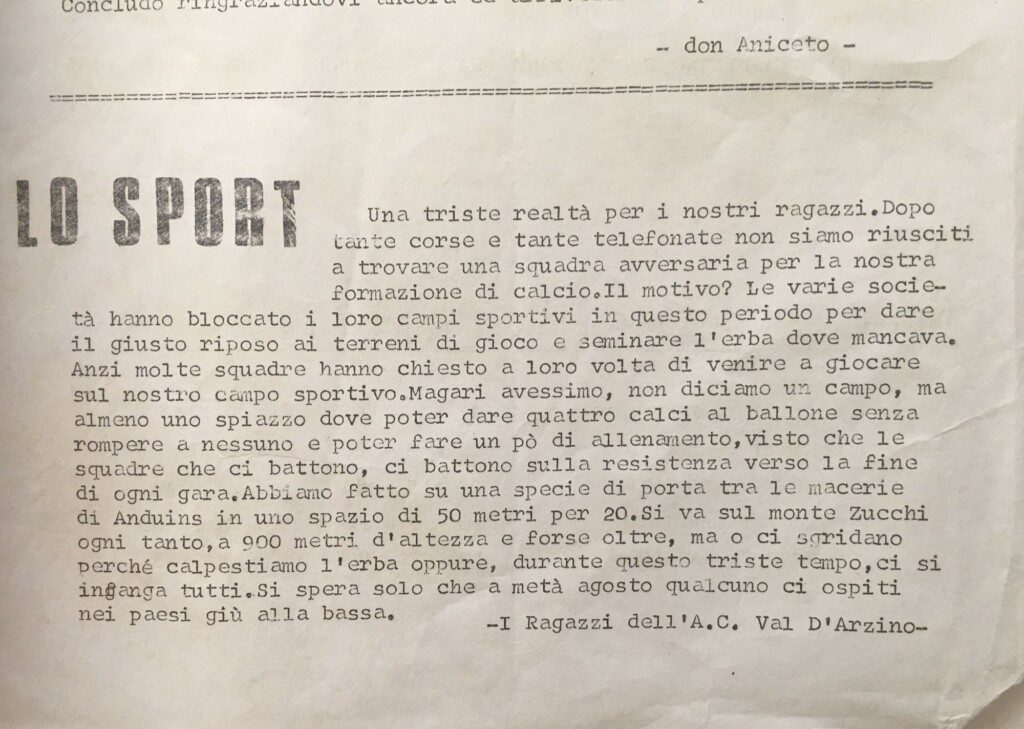 1980, Giornale Parrocchiale di Vito d'Asio - Si sente l'assenza di un campo di calcio in Val d'Arzino.