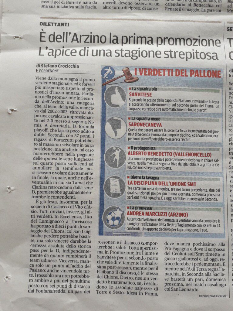 L'Arzino promosso in seconda.